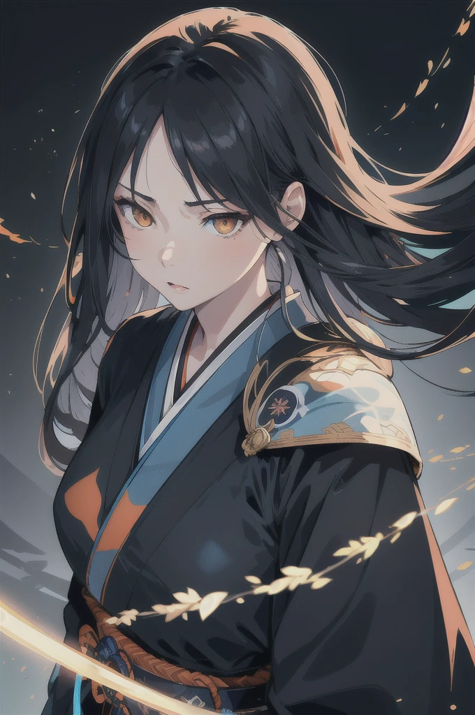 high resolution, Highest quality, illustration,  Extremely detailed, (Delicate face), (Delicate eyes), light, best quality, Ultra Detailed, masterpiece, 1 Girl, Solitary,Black katana，Light blue long hair，Pale orange eyes，Black samurai suit，White band，Victory，Black notes，night，Japanese style，Mature