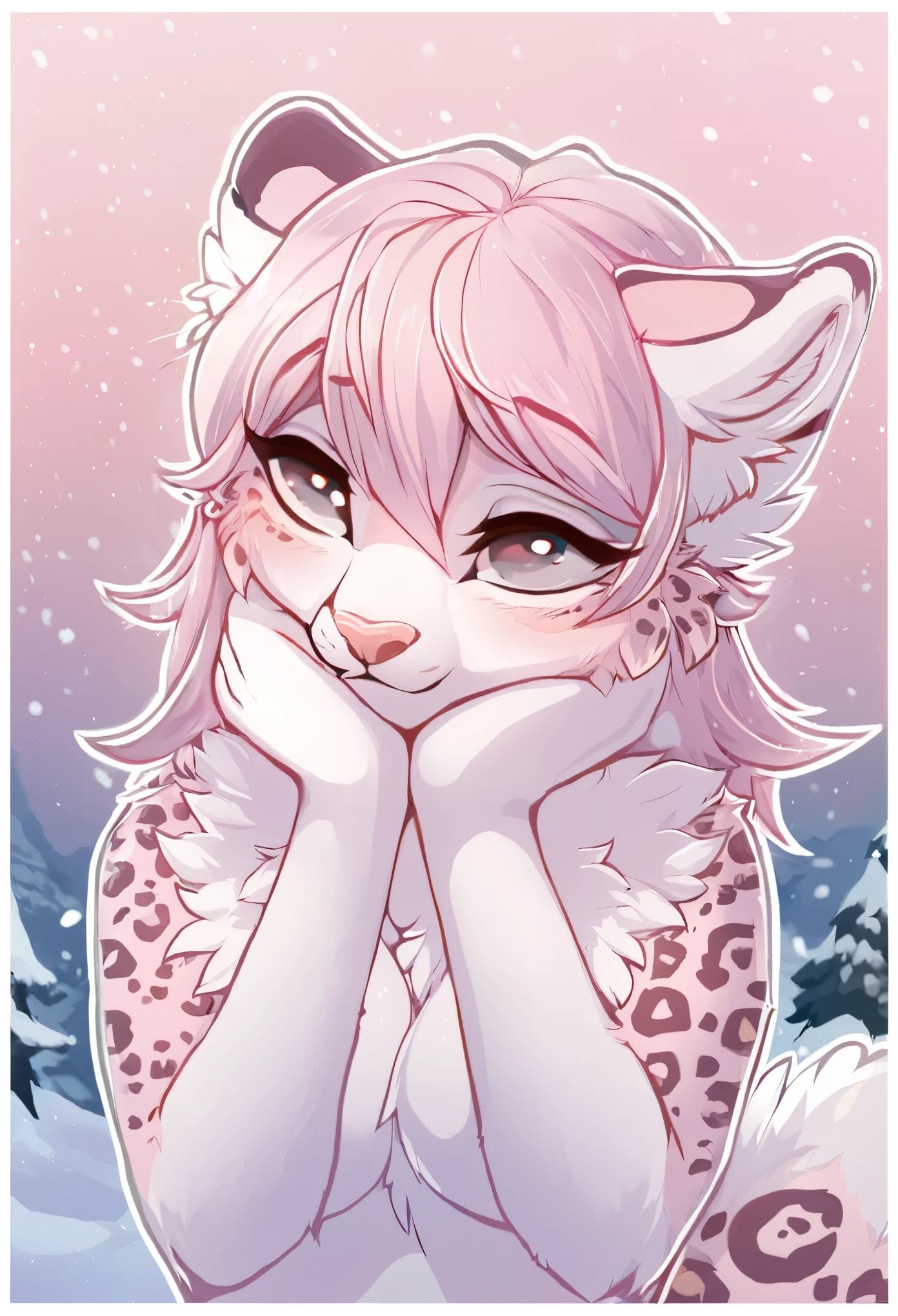 feline, mammal, anthro, anthromorphic, snow, leopard, fur, furred_anthro, female, female, bangs, ear_tufts, pink_nose, paws, hair_tuft, hair_between_eyes, long_tail, fluffy, feline_ears, expressive_eyes, pink_hair, light looking_at_viewer, pink_fur, shy, small_pupils, spotted_pattern, digital_art, high_resolution, high_res, pastel_background, white_outline, white_border