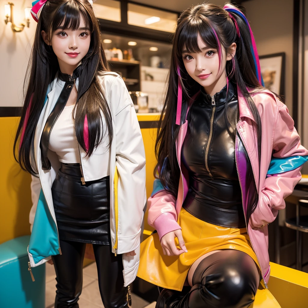 bangs down,beautiful girl,Maid clotheasterpiece,Standing posture,Hands in pockets,perfect face,perfect breasts,long hair,Long leather trousers,Colorful clothes,Outstanding style,stimulating,Cute outfits,Horny girl,double eyelid,Naughty Girls,Erotic and cute,mini skirt,ribbon on uniform,colorful hair color,yellow eyes,leather jacket,horny girl,Knee-high boots,
Colorful,multicoloured,future fashion,smile,,zipper bra,Multicolored clothing