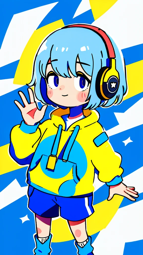 Mash Hair Short Hair Blue hair Wearing a blue hoodie I'm wearing headphones 1 male smile Yellow irises Narrow eyes cheeks are white The whole body is shown Looking into the distance Waving one hand up The whole body is on camera