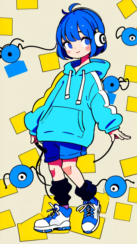 Mash Hair　Short Hair　Blue hair　Wearing a blue hoodie　　I'm wearing headphones　1 male　smile　Yellow irises　Narrow eyes　cheeks are white　The whole body is shown　Looking into the distance　Waving one hand up　The whole body is on camera