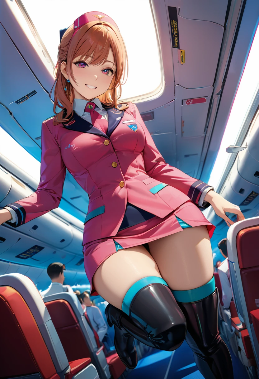 masterpiece,Highest quality,Super detailed,8K,Ultra-fine illustrations,Very exquisite beautiful face and eyes,Perfect Anatomy,Professional Lighting,1 flight attendant,Miniskirt and boots uniform,Orange and pink dress,smile,Airplane interior,Dynamic Angle,Depth of written boundary,Chromatic_aberration,masterpiece,Highest quality,so beautiful,Absurd,up to date,