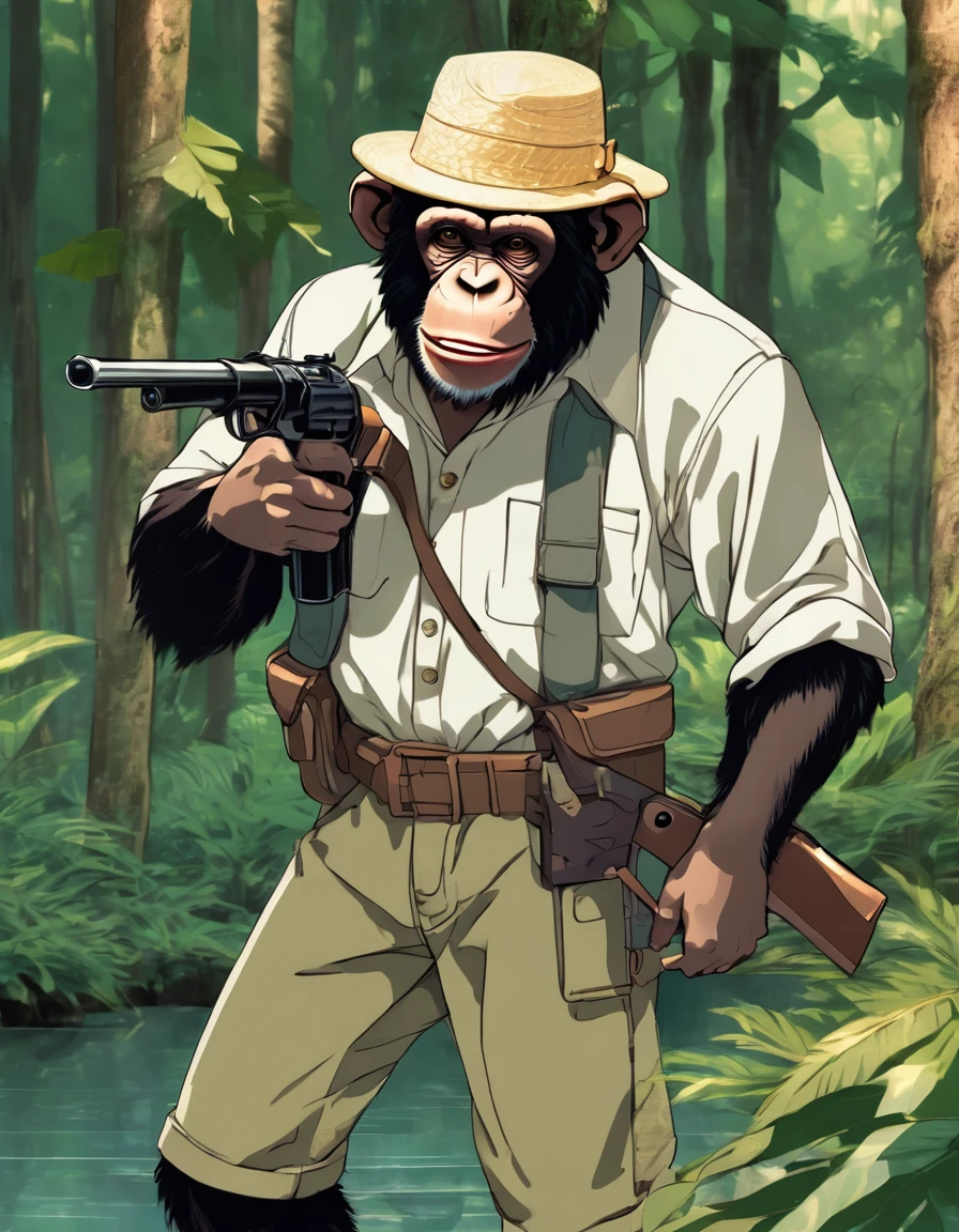Modern Anime Style. An adult male chimpanzee is holding a (short shotgun : 2) in his shoulder. He is looking at the camera with a mischievous smile, while smoking a lit cigarette. His hair is brown and disheveled, with a straw hat tied on his head. He is standing in a tropical forest, with tall trees and green leaves all around. A stream runs behind it, and the sun shines through the leaves, creating a golden light effect. [A3]
