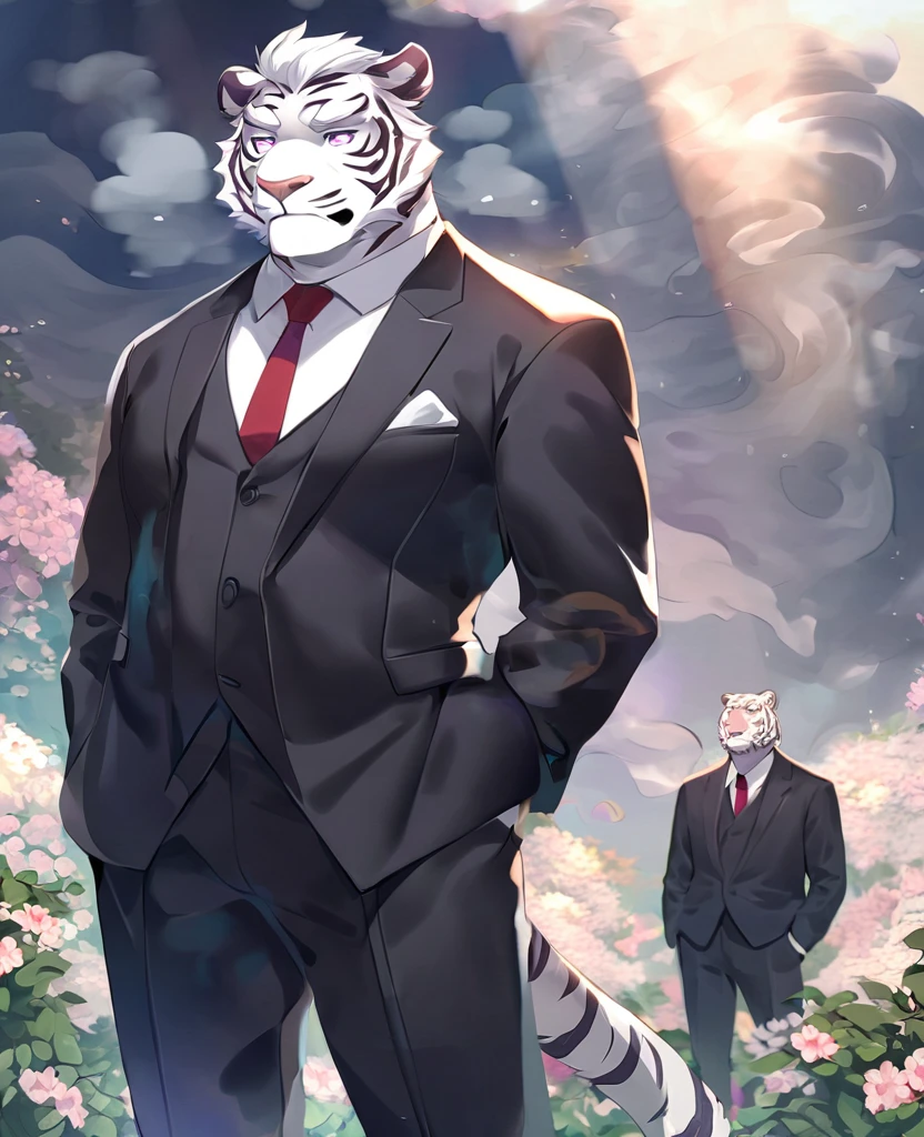 White Tiger,personification,Mature male,Strong Man,White hair,short hair,black strips,Cold expression,Purple pupils,White eyebrows,Black suit suit,Red tie,Hands in pockets,The Age of Steam,garden。