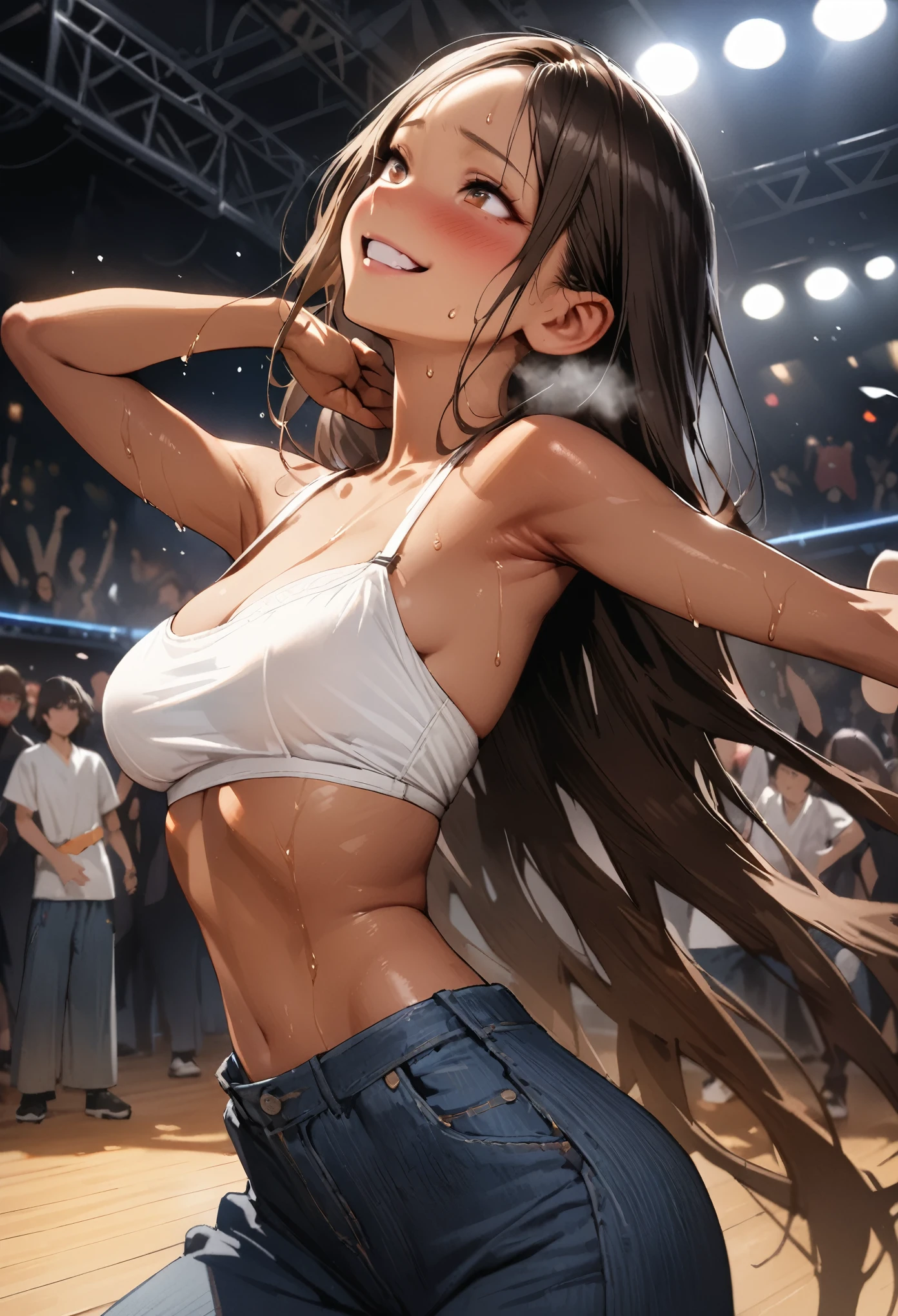 ((masterpiece,Highest quality:1.3,best quality illustration,realistic)),cowboy shot,独奏,1woman,(18-year-old、Japanese Beauty)、brown hair,long hair,center parted bangs,brown eyes,gorgeous eyes,((very small head:1.3)),blush,smile,Heavy breathing、((very long body:1.2,skinny)),medium breasts,(tan skin:1.4), (gleaming skin,toned body,slender body),sweat,(White tube top bra、Denim wide pants),dancing、Break dance、stage、Tokyo、