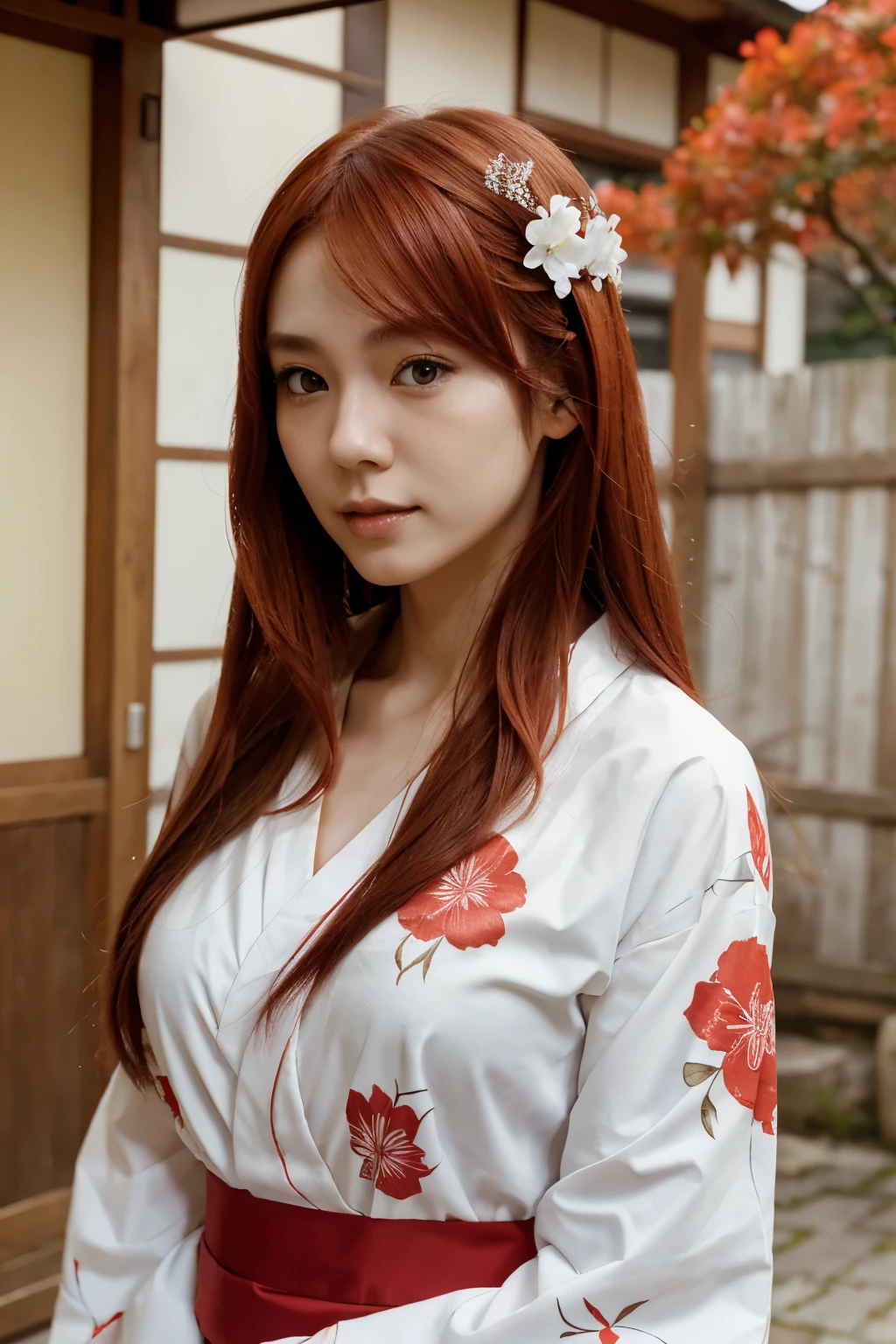 Japanese anime A woman with long, white and red hair, white skin, wearing a red floral yukata.