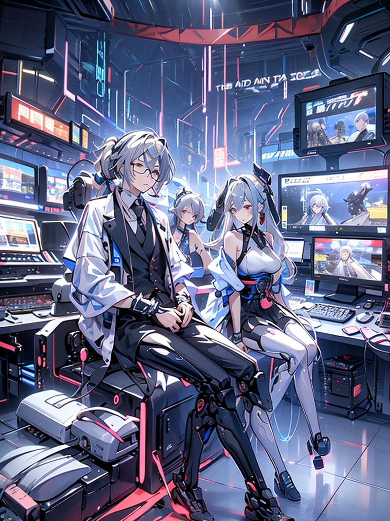 (Mastepiece)(High definition)Japanese male android in his 20s、alone、Gray Hair、ponytail、hat、Tuxedo、tie、Wearing round rimless glasses、Sitting、It is connected to the machine by multiple cables.(charging)、background(A science fiction-like electronic world、A space that feels like the inside of a machine、Virtual space、Near future)