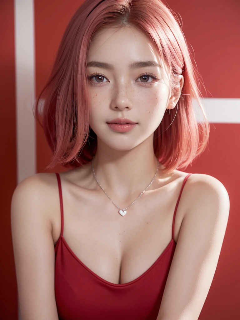 Background ( Red wall witha Huge poster of Japanese Samurai ) , standings in front of the poster , front view , distance view,wearing ( Red dress), looking innocent, smiling, cute girl short pink hair,all her hair short pink , with a star clip in her pink hair, light colored eyes, pretty eyes, happy eyes, pretty, upturned nose, watery nose, Pretty lips, pink lips, heart and cupid shaped lip, pretty skin, pale, White skin, with moles and freckles all over his face, soft pink blush on the cheeks, natural pink blush, soft pink makeup, Jennie, nice neck, frown, tender look, with a kiss necklace, while having a bare abdomen, Delgado, marked and pretty, (big breasts, soft breasts, nice breasts), photorealism, 8k , photorealistic , show clearly,