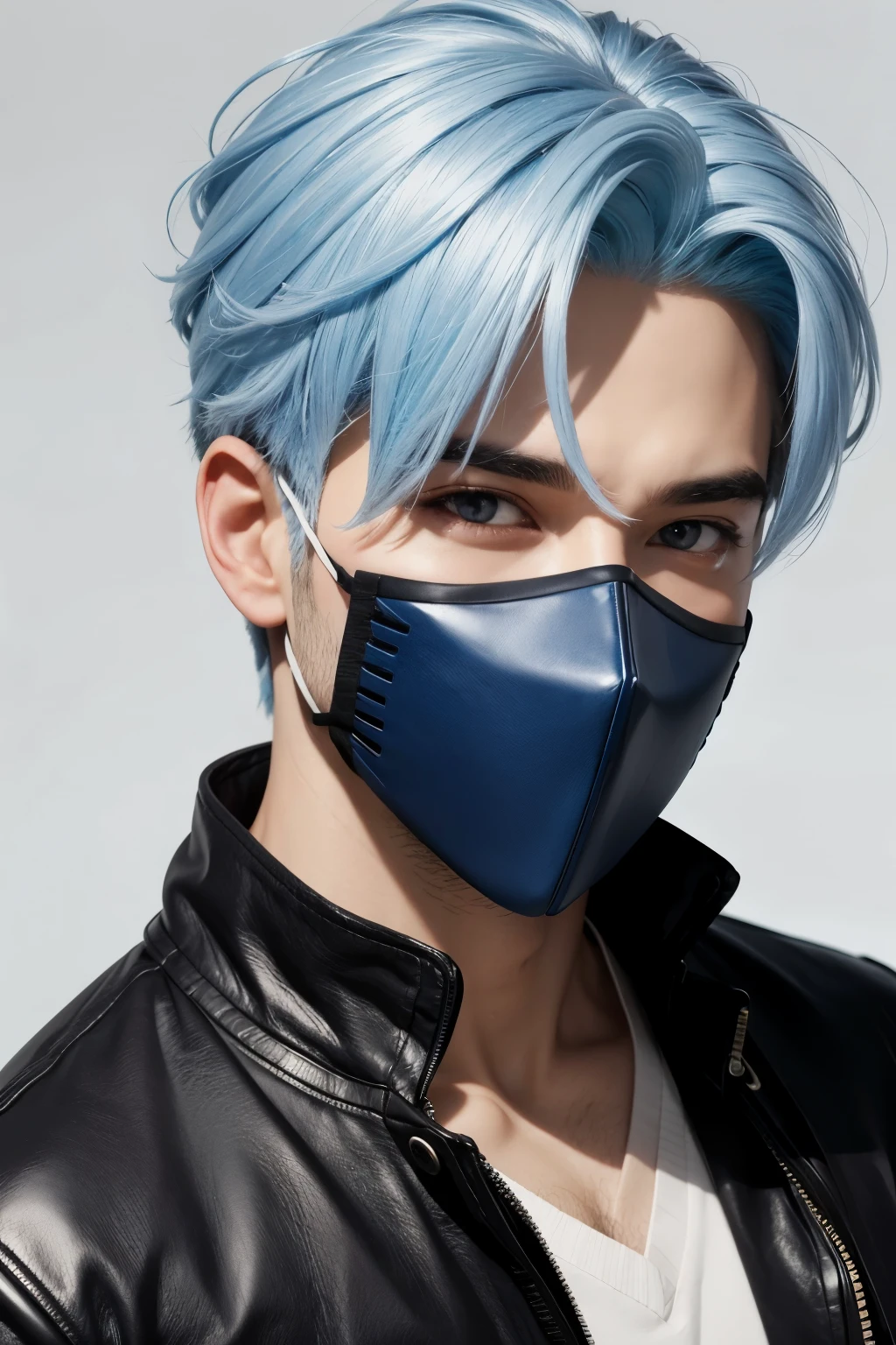 Male character with blue and white hair a black mouth mask