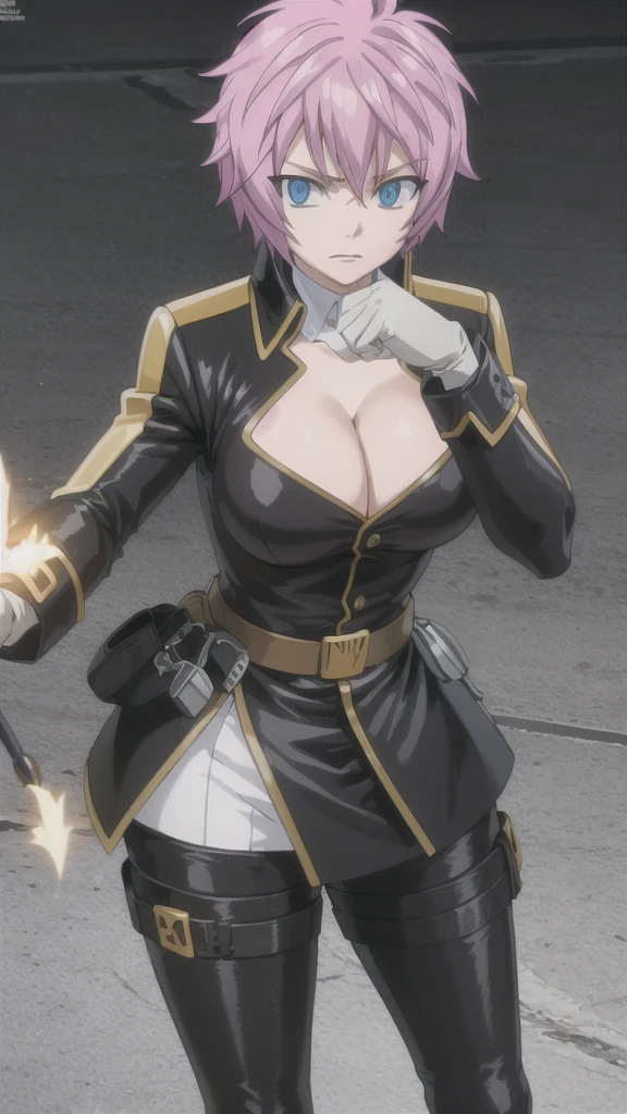 masterpiece, absurdres, (intricate details), (colorful),cinematic lighting,bust shot,extremely detailed CG unity 8k wallpaper, looking at viewer,  white gloves, belt, uniform, cleavage cutout, thigh boots, handscuffs