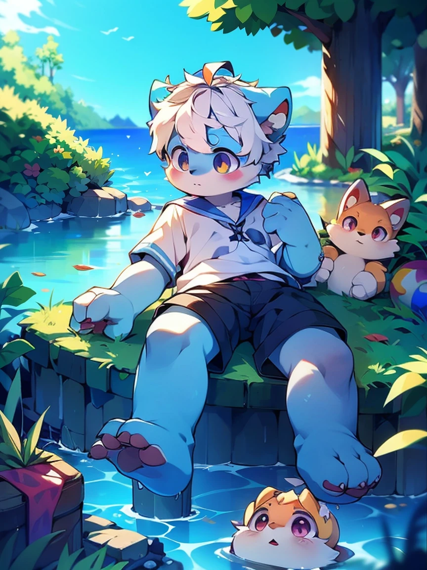 Intermittently，masterpiece，high resolution，8K，Detailed background，high quality，Intermittently，Intermittently，（Light blue fur，White hair，Black sclera，hairy的毛皮，Fine hairs）） hairy， broken， muscular， of boys， toy doll， shorts， swim裤， abyss,((Under the Sea， seaside， Playing in the water， swim， diving，float))， Solitary,Sailor Suit,Lying in bed,Pampered,Blushing shy