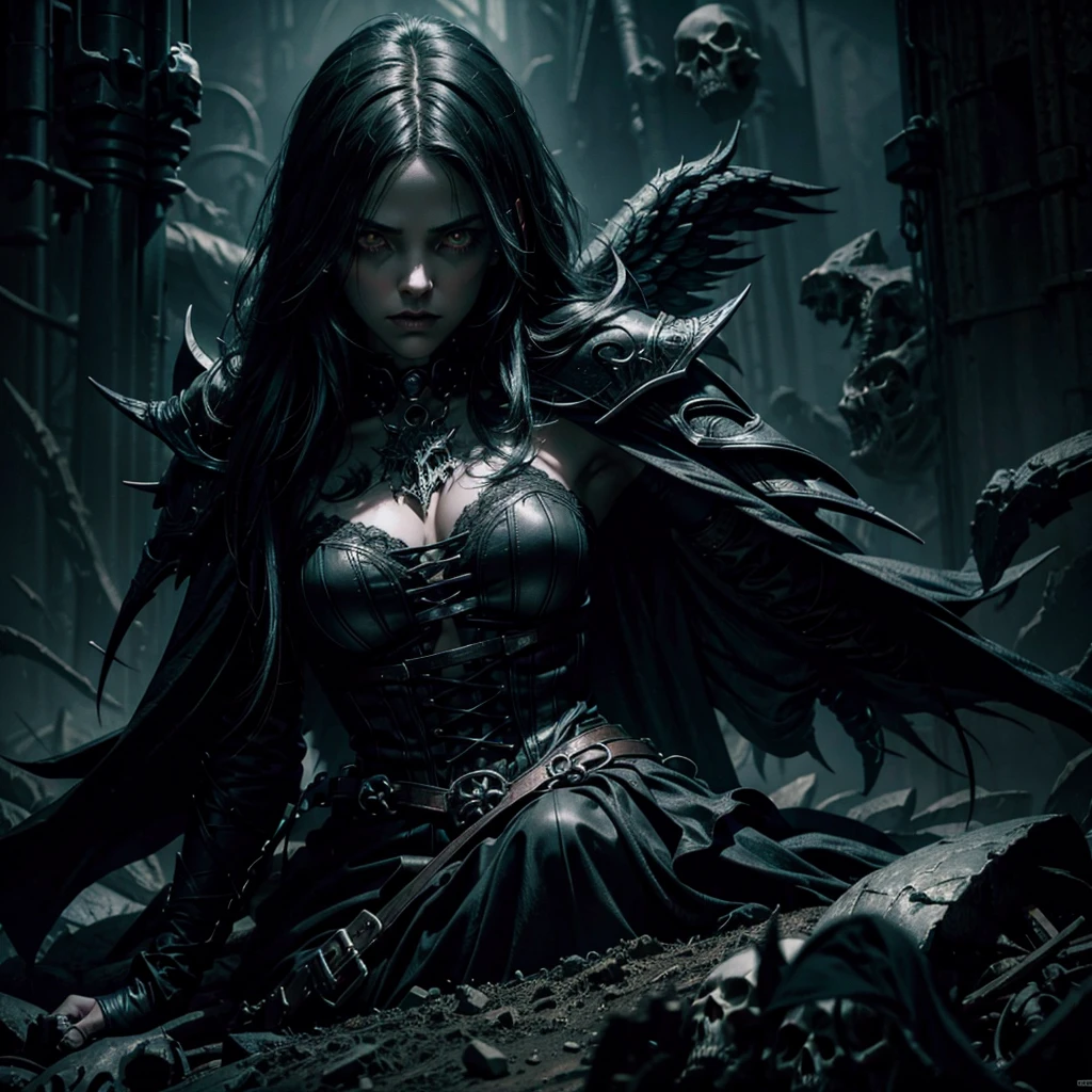 a female angel of death with glowing eyes, detailed face and features, flying in a dark and gloomy sky, a pile of human skulls on the ground below, dramatic lighting, dark and moody atmosphere, muted color palette, cinematic composition, intricate details, gothic and supernatural elements, masterpiece, best quality, 8k, ultra-detailed, photorealistic, cinematic lighting, dramatic shadows