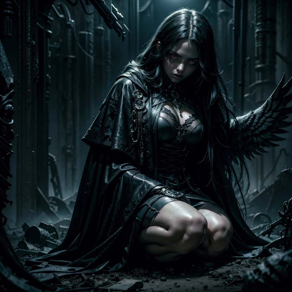 a female angel of death with glowing eyes, detailed face and features, flying in a dark and gloomy sky, a pile of human skulls on the ground below, dramatic lighting, dark and moody atmosphere, muted color palette, cinematic composition, intricate details, gothic and supernatural elements, masterpiece, best quality, 8k, ultra-detailed, photorealistic, cinematic lighting, dramatic shadows