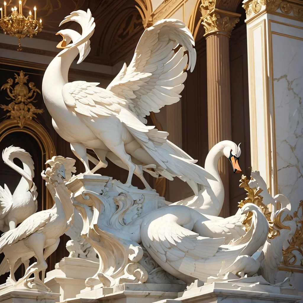 side view of a dramatic renaissance style white marble statue of a swan wearing golden ornaments