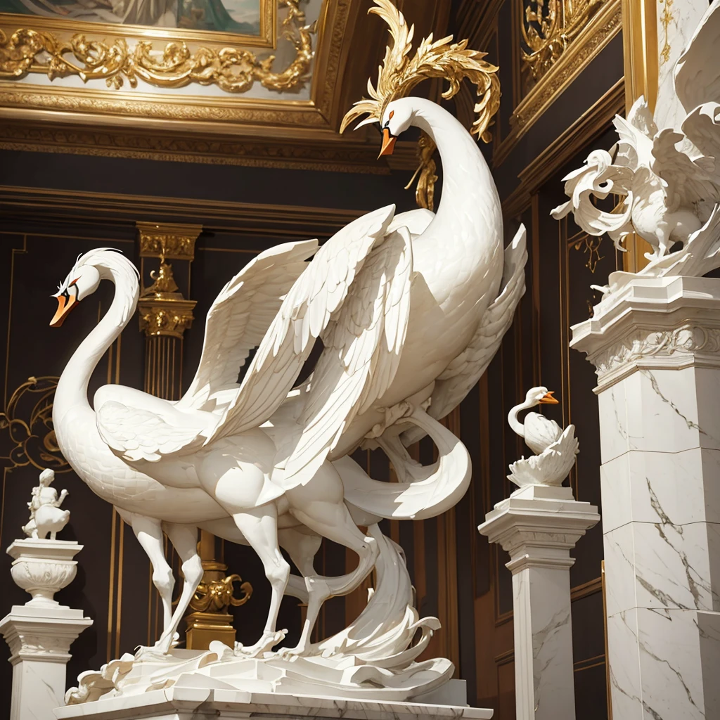 side view of a dramatic renaissance style white marble statue of a swan wearing golden ornaments