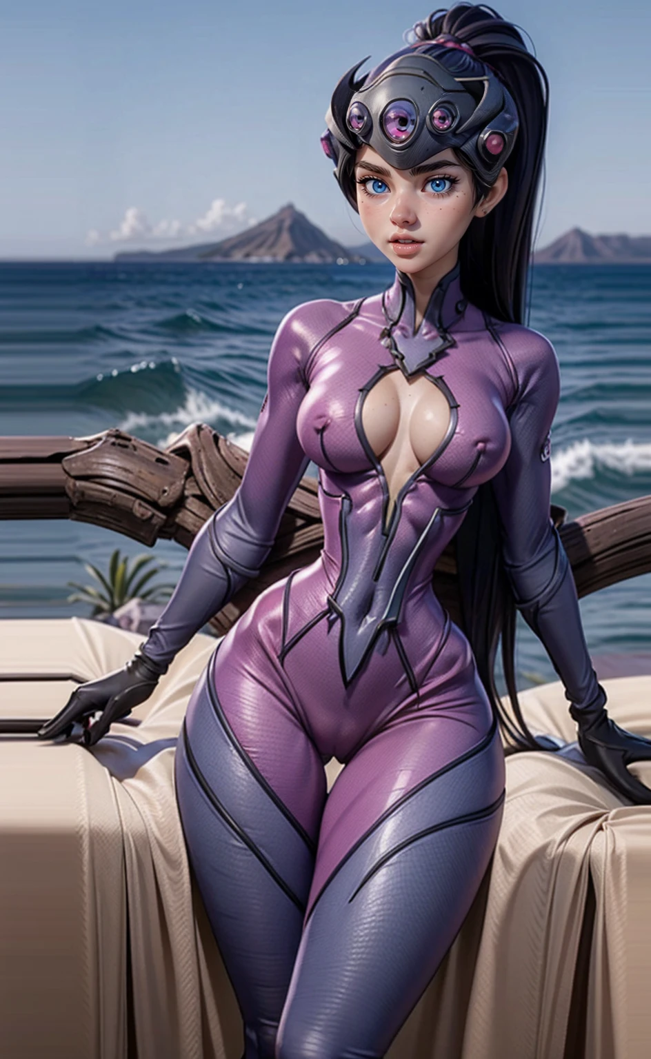 (Veiny detailed six pack abs), ((very small waist)), Very wide hips, big thighs, Thigh gap, vagina, (master part, best quality) 1girl, sozinho, cabelos longos, seios, Olhando para o Viewer, clivagem, medium seios, clavicle, olhos amarelos, parte superior do corpo, rabo-de-cavalo, cabelo roxo, parted lips, lips, gradiente, Cilia, Bodysuit, maquiagem, pele colorida, Center Opening, pele roxa, hair pulled back, pink Bodysuit, head-mounted display, widowmaker \(Overwatch\), widowmaker