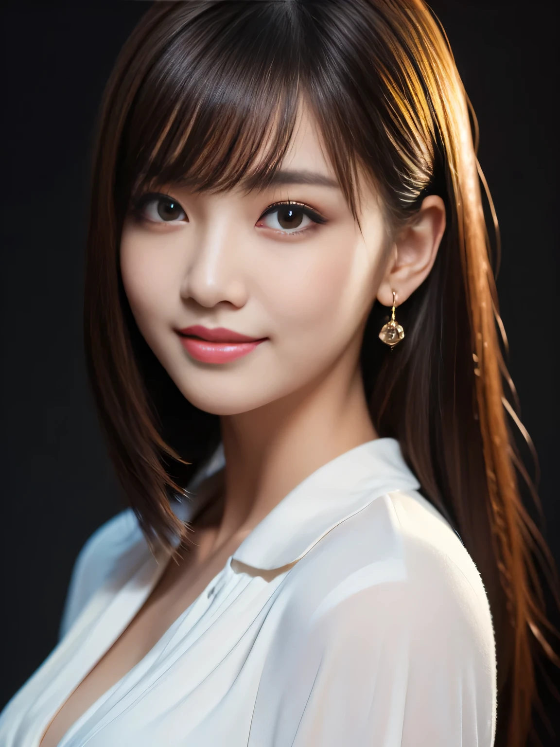 masterpiece, best quality, ultra-detailed, intricately detailed hyperdetailed, realistic, sharp features, highly detailed, sharp focus, 25years old, (face close up), (portrait), perfect face, perfect face, perfect symmetrically perfect eyes, perfect full lips, flexible female form, cinematic, film light, hyper detailed, hyper realistic, high resolution, vibrant, dynamic studio lighting, ((Dark background)), (seductive smile), medium hair, straight Bangs, brown Eyes, white blouse, 