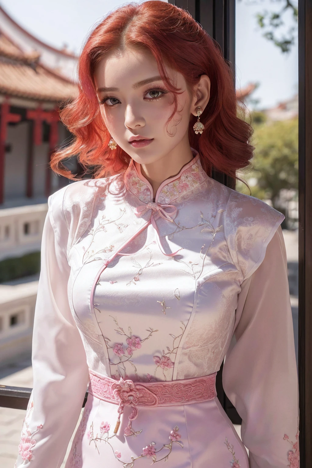 ((absurd quality,16k,highres,masterpiece:1.2),ultra details:1.3),UHD,(realism,photorealistic), (1woman:1.3 22-year-old). BREAK, ((Fujicolor、daytime soft lighting)、fashion supermodel、(curly red hair(slicked to the side), intricate details). BREAK, (pink_makeup:1.25). BREAK, ((Classic and sexy (white) cheongsam)、Detailed decoration:1.2)),. (Fitted clothing:1.3)、dynamic pose、(close-up of her face), no decorations in the hair, dark shot:1.1,