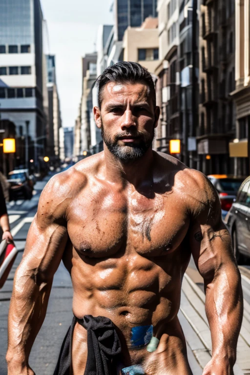 Naked men on the streets of America, tramp, Dirty black hair and beard, Detailed muscles