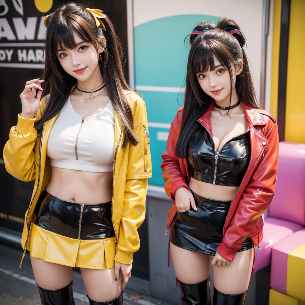 bangs down,beautiful girl,Maid clotheasterpiece,Standing posture,Hands in pockets,perfect face,perfect breasts,long hair,Long leather trousers,Colorful clothes,Outstanding style,stimulating,Cute outfits,Horny girl,double eyelid,Naughty Girls,Erotic and cute,mini skirt,ribbon on uniform,colorful hair color,yellow eyes,leather jacket,horny girl,Knee-high boots,
Colorful,multicoloured,future fashion,smile,,zipper bra,Multicolored clothing