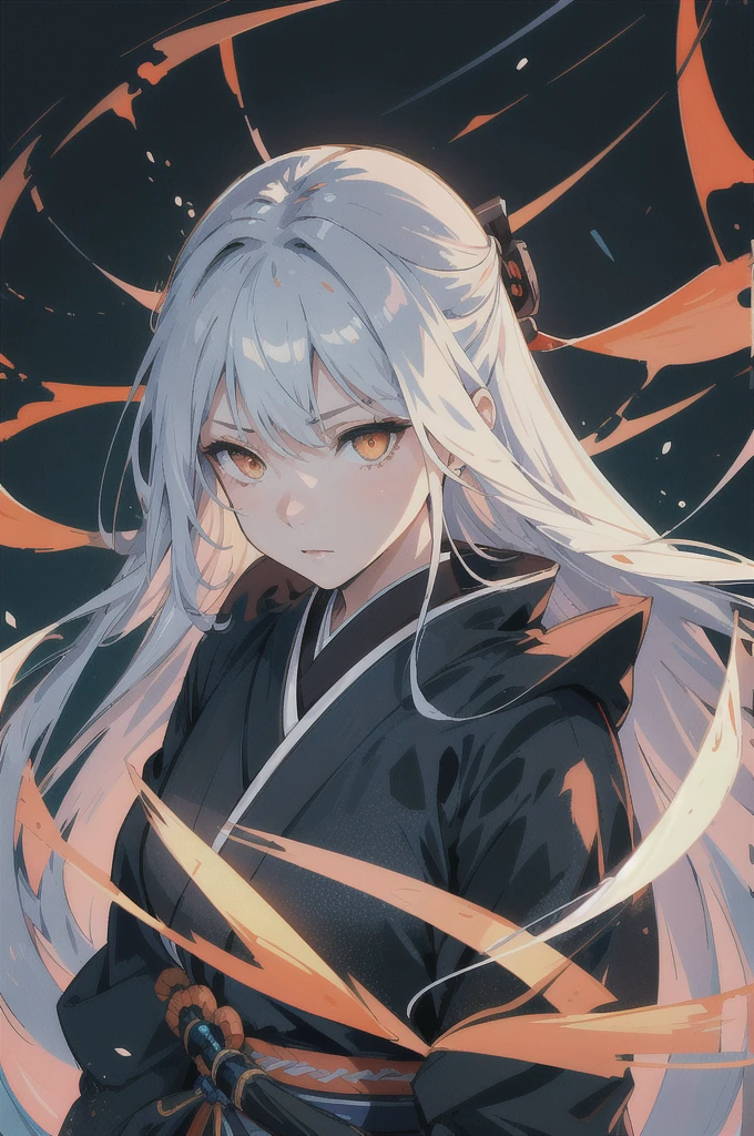 high resolution, Highest quality, illustration, Extremely detailed, (Delicate face), (Delicate eyes), light, best quality, Ultra Detailed, masterpiece, 1 Girl, Light blue long hair,Solitary,Black katana,Pale orange eyes,Black samurai suit,White band,Victory,Black notes,night,Japanese style,Mature