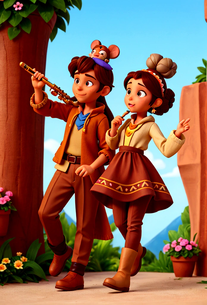CREATE A DISNEY PIXER STYLE CHARACTER WITH A BROWN DRESS WITH SLEEVES, Brown pants, brown boots, BROWN BALACLAVA AND FLOWERS ON THE HEAD, AND A BUN ON THE HEAD WITH A FLUTE IN HAND