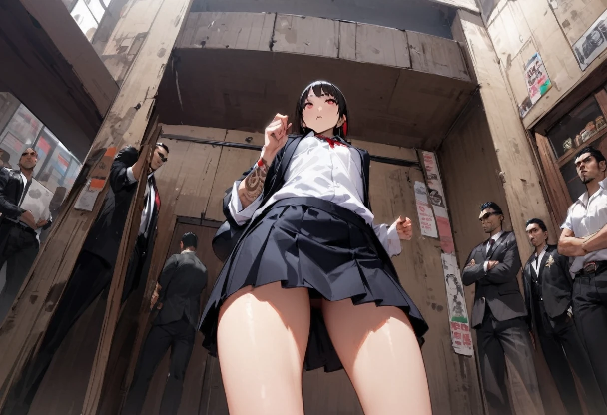 from directly below、Cute female yakuza、Looking down on、mini skirt、tattoo、Girl、Girl、Short、Younger、、Baby Face、flat cha Office、Yakuza、building、background、Dynamic Angle、masterpiece、best quality、ultra-detail、Japanese Mafia、Yakuza hideout、gang、Boss&#39;s Room、Thug&#39;s Room、Boss&#39;s Daughter、Clothing、cool、Cold eyes、Angry
