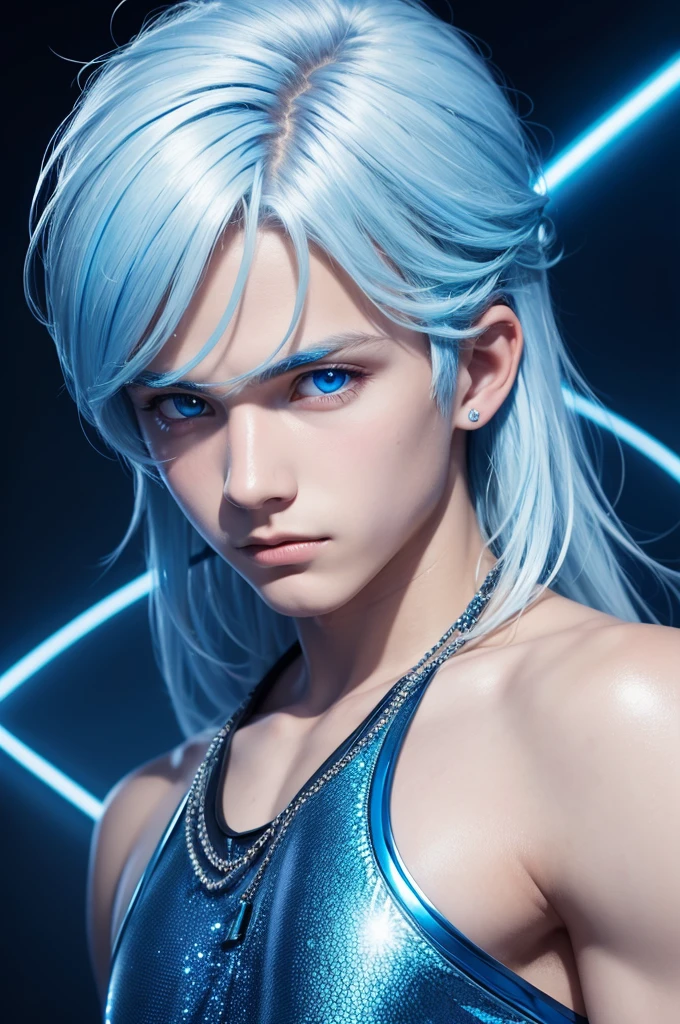 Realistic age boy with realistic blue shiny eyes with half blue half white shiny hair with stylish blue accessories with blue shiny diamonds background 