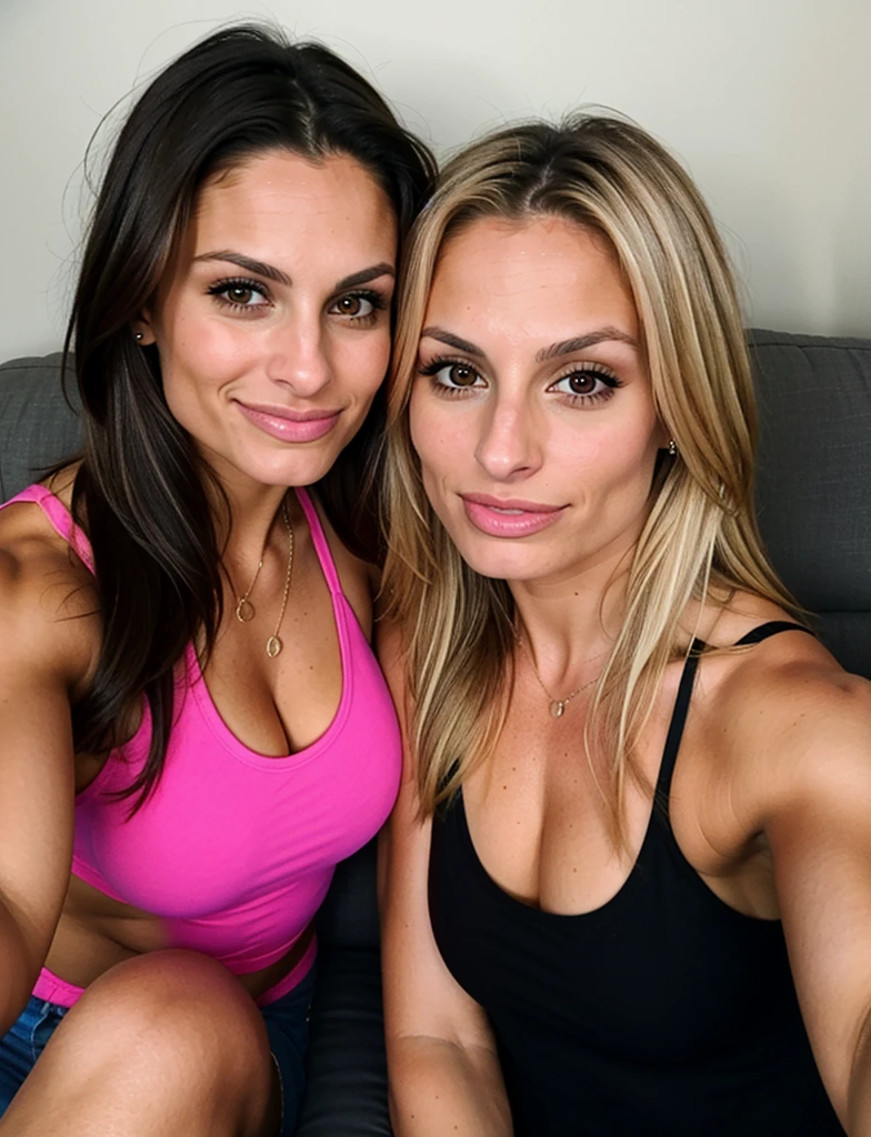 23 year old woman, A Canadian woman, Realistic selfie, raw image, Trish Stratus looks like, medium chest, eyes, Tan skin, pink and slightly blonde hair, on the couch, black tank top, air kiss, air kiss with lips, air kiss into camera