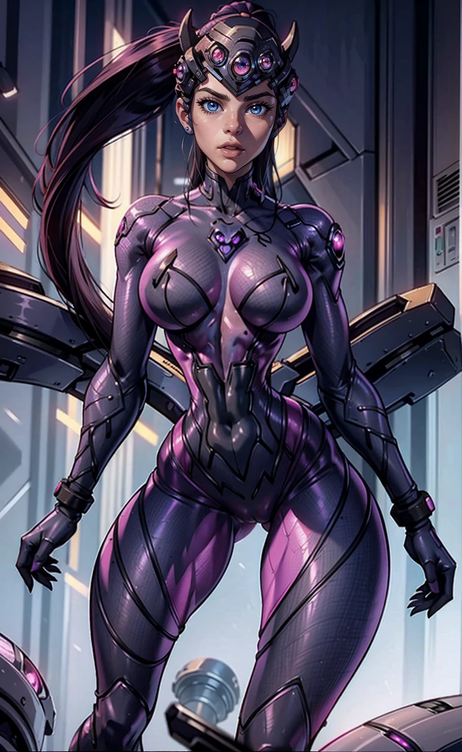 (Veiny detailed six pack abs), ((very small waist)), Very wide hips, big thighs, Thigh gap, vagina, (master part, best quality) 1girl, sozinho, cabelos longos, seios, Olhando para o Viewer, clivagem, medium seios, clavicle, olhos amarelos, parte superior do corpo, rabo-de-cavalo, cabelo roxo, parted lips, lips, gradiente, Cilia, Bodysuit, maquiagem, pele colorida, Center Opening, pele roxa, hair pulled back, pink Bodysuit, head-mounted display, widowmaker \(Overwatch\), widowmaker