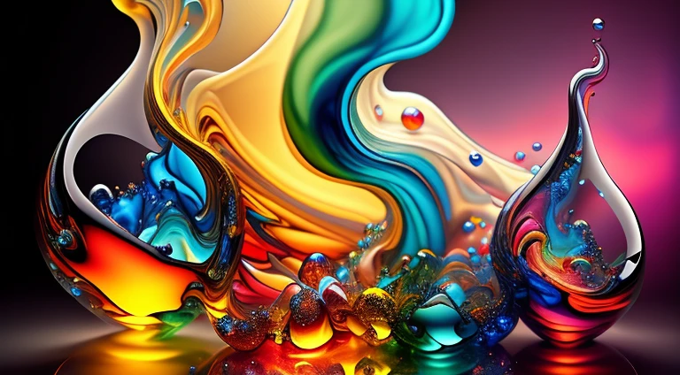 Abstract work of art in motion. A closeup of colorful incandescent molten glass pouring onto iridescent bubbles, ,remolinos de gotas tornasoladas llenas de colorful fused glass giran y escapan, fluid colored fused glass, colorful fused glass, multicolor, colored, brightly colored, acid-colored smoke, rainbow color, Background of psychedelic smoke, colorful in the background, thick colorful glass, rotating glass radiant colors, colorful smoke clouds, swirled, Fluid Fused Glass Art,Art by Alberto Severo