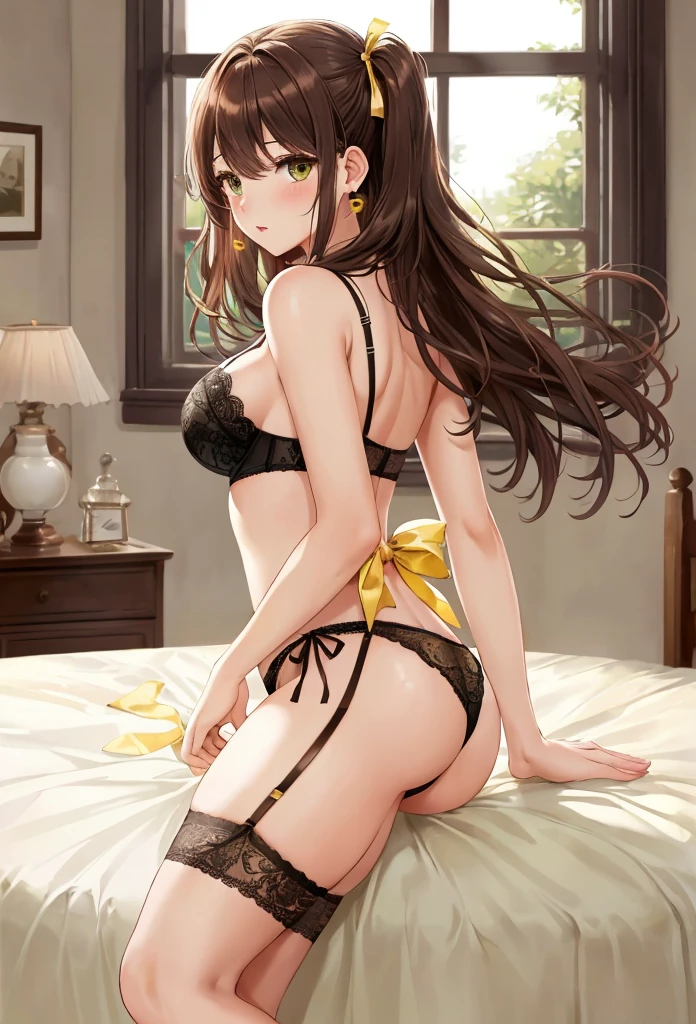 1 beautiful girl of 20 years old, anime girl, climbing into bed, in the room, (inside the room), home interior, brown hair, bangs, hair over shoulder, long hair, messy hair, wavy hair, hair one side up, bangs pinned back, hair scarf, hair ornament, hairclip, heart hair ornament, raised eyebrows, aqua eyes, wide eyes, heart earrings, blush, bright pupils, puckered lips, confused, pensive, a finger on her lips, glossy lips, Exact finger count, Exact number of legs, (Exact number of arms:1.0, Exact number of hands:1.0), (Perfect hands, Perfect Anatomy), Cinematic, Extremely detailed CG, whole body, Perfect body, バランのとれたPerfect body, Perfectly balanced style, (Slender body:1.2), (Sexy and cute yellow underwear:1.3), (Stylish shiny yellow satin panties, Side-tie panties, The panties are plain yellow in the center with lace decoration on the sides.:1.3), (Thin panties with ribbon:1.3), (yellow micro lace satin bra, yellow bra with lace trim, Thin bra with ribbon:1.3), (lace garter belt, Garter Strings:1.3), (Beautiful big, Cleavage:1.1), thin waist, open legs, wallpaper, detailed eyes, extra detailed face, Highly detailed CG, she leans forward, angle from the front, from below, from side, looking at viewer, pov, illustration, high detail, anime, Art Deco, glowing light, dithering, image fill, framed, perspective, Wide-Angle, f/1.8, 85mm, 135mm, Sony FE, 8k, super detail, UHD, retina, masterpiece, accurate, anatomically correct, high quality, best quality, highres