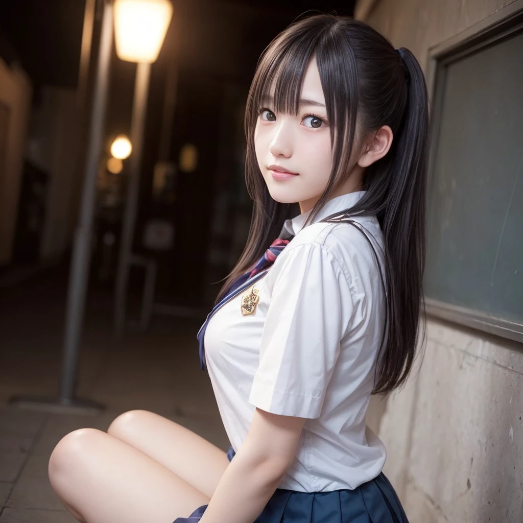 1 girl, So cute, Great face and eyes, (Beautiful lovely smile), (Very detailedな美しい顔), bright shining lips, Keep staring at me, so beautiful, (school uniform:1.3), Open chest、Cleavage、Big Breasts、(highest quality:1.4), (super high quality), (Very detailed), (Surreal, Photorealistic:1.37), Real skin texture, 8K wallpapers incorporating highly detailed CG, RAW Photos, Professional photos, Cinema Lighting,Back view、turn around、Dark blue skirt、loafers、、Knee-high socks