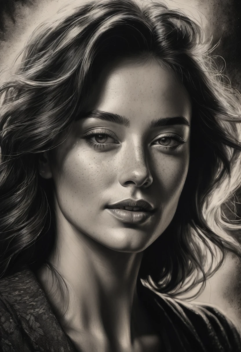 best qualityer, hyper realistic, ultra detali,realistic sketch:1.5,coal,portraite,paper texture,detailed facial features, freckles on the face, Shading and Highlights,dynamic composition,expressive traits,sharp contrast,highlights and shadows,black andwhite,emotion and expression of joy, Exquisite details,subtle textures,hand drawn,precise lines,fine arts,alto sharp contraste,dramatic lighting,qualified craftsmanship,aesthetic appeal,Polished finish,professionally executed