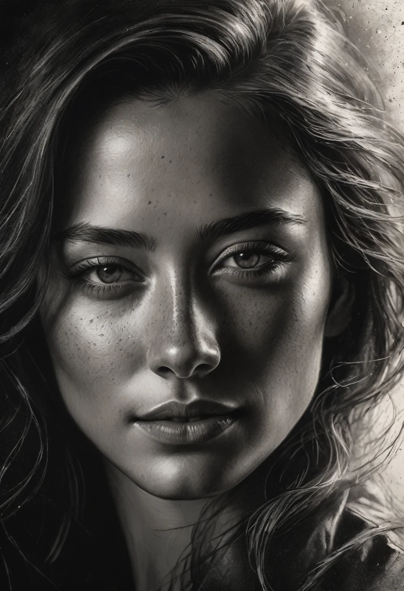 best qualityer, hyper realistic, ultra detali,realistic sketch:1.5,coal,portraite,paper texture,detailed facial features, freckles on the face, Shading and Highlights,dynamic composition,expressive traits,sharp contrast,highlights and shadows,black andwhite,emotion and expression of joy, Exquisite details,subtle textures,hand drawn,precise lines,fine arts,alto sharp contraste,dramatic lighting,qualified craftsmanship,aesthetic appeal,Polished finish,professionally executed