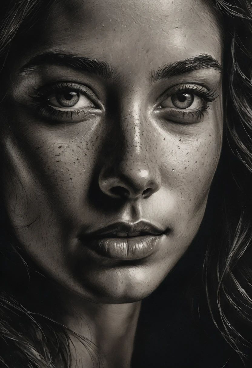 best qualityer, hyper realistic, ultra detali,realistic sketch:1.5,coal,portraite,paper texture,detailed facial features, freckles on the face, Shading and Highlights,dynamic composition,expressive traits,sharp contrast,highlights and shadows,black andwhite,emotion and expression of joy, Exquisite details,subtle textures,hand drawn,precise lines,fine arts,alto sharp contraste,dramatic lighting,qualified craftsmanship,aesthetic appeal,Polished finish,professionally executed