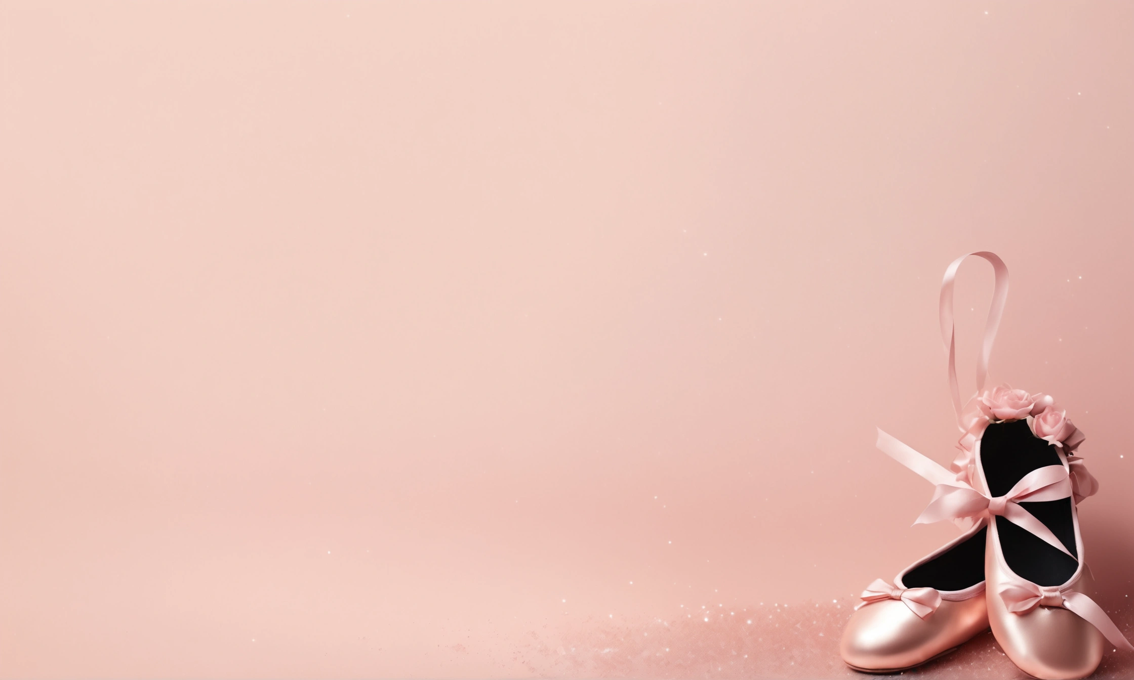 There is a pair of pink ballet shoes，There is a pink bow on it, Background Image, Pink background, Clean background, Rose gold, light Pink background, Empty background, Ribbon winding。Add some sparkle to the background。