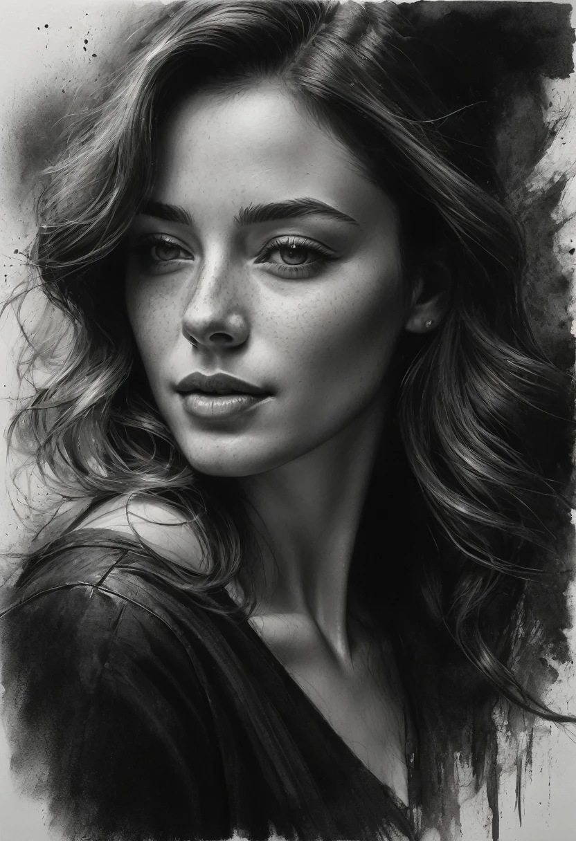 best qualityer, hyper realistic, ultra detali,realistic sketch:1.5,coal,portraite,paper texture,detailed facial features, freckles on the face, Shading and Highlights,dynamic composition,expressive traits,sharp contrast,highlights and shadows,black andwhite,emotion and expression of joy, Exquisite details,subtle textures,hand drawn,precise lines,fine arts,alto sharp contraste,dramatic lighting,qualified craftsmanship,aesthetic appeal,Polished finish,professionally executed