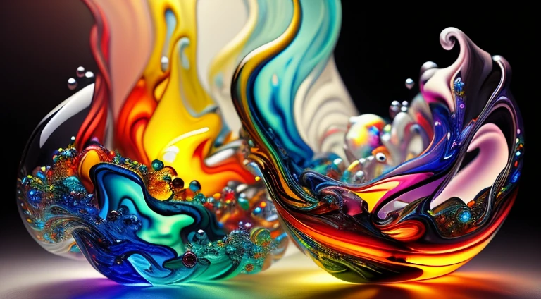 Abstract work of art in motion. A closeup of colorful incandescent molten glass pouring onto iridescent bubbles, ,remolinos de gotas tornasoladas llenas de colorful fused glass giran y escapan, fluid colored fused glass, colorful fused glass, multicolor, colored, brightly colored, acid-colored smoke, rainbow color, Background of psychedelic smoke, colorful in the background, thick colorful glass, rotating glass radiant colors, colorful smoke clouds, swirled, Fluid Fused Glass Art,Art by Alberto Severo