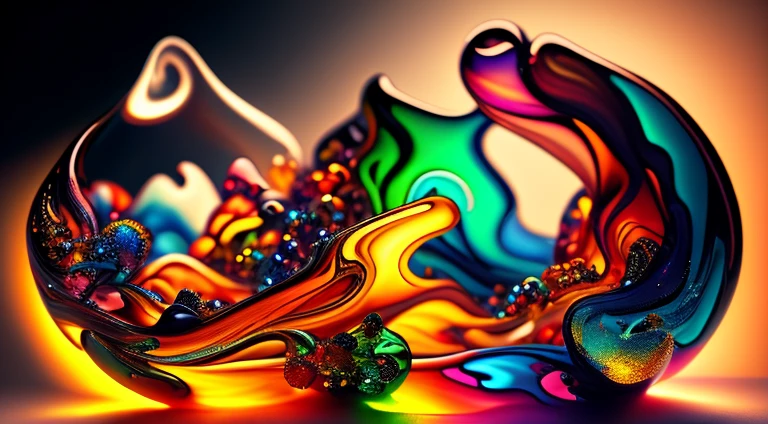 Abstract work of art in motion. A closeup of colorful incandescent molten glass pouring onto iridescent bubbles, ,remolinos de gotas tornasoladas llenas de colorful fused glass giran y escapan, fluid colored fused glass, colorful fused glass, multicolor, colored, brightly colored, acid-colored smoke, rainbow color, Background of psychedelic smoke, colorful in the background, thick colorful glass, rotating glass radiant colors, colorful smoke clouds, swirled, Fluid Fused Glass Art,Art by Alberto Severo