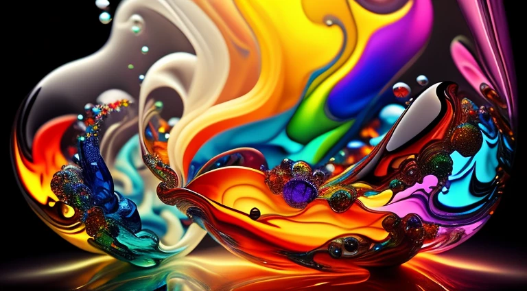 Abstract work of art in motion. A closeup of colorful incandescent molten glass pouring onto iridescent bubbles, ,remolinos de gotas tornasoladas llenas de colorful fused glass giran y escapan, fluid colored fused glass, colorful fused glass, multicolor, colored, brightly colored, acid-colored smoke, rainbow color, Background of psychedelic smoke, colorful in the background, thick colorful glass, rotating glass radiant colors, colorful smoke clouds, swirled, Fluid Fused Glass Art,Art by Alberto Severo