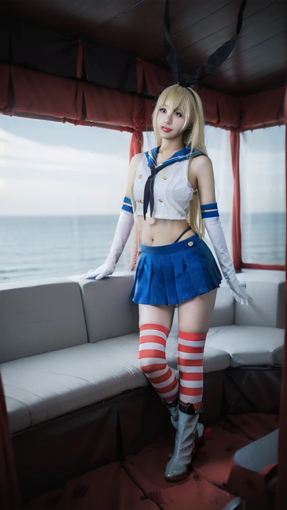 best quality, quality, masterpiece, (Realistic:1.4), One girl, shimakaze \\, (Kantai Collection\\), Elbow hand pockets, Striped knee socks, High leg panties, Blue pleated skirt, boots, Are standing, whole body, View your viewers, Detailed Background, Beach,warship, Dramatic lighting, shimakaze,shimakaze \\(kancolle\\),elbow gloves,striped thighhighs,blue pleated skirt,boots,Blonde,20-year-old, 8K, RAW Portrait (Japanese Girls), photo Realistic, Ultra-high resolution, 最高quality, Actual photo , dramatic, Atmospheric, Realistic,One girl, a very beautiful Japanese Girls, Glamorous shot of a girl, Textured skin, Mouth closed, lips,Big and beautiful eyes, Beautifully detailed nose, ,Seaside,Big Breasts, View your viewers,