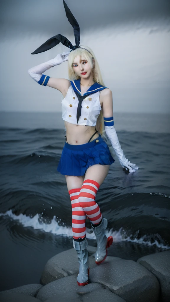 best quality, quality, masterpiece, (Realistic:1.4), One girl, shimakaze \\, (Kantai Collection\\), Elbow hand pockets, Striped knee socks, High leg panties, Blue pleated skirt, boots, Are standing, whole body, View your viewers, Detailed Background, Beach,warship, Dramatic lighting, shimakaze,shimakaze \\(kancolle\\),elbow gloves,striped thighhighs,blue pleated skirt,boots,Blonde,20-year-old, 8K, RAW Portrait (Japanese Girls), photo Realistic, Ultra-high resolution, 最高quality, Actual photo , dramatic, Atmospheric, Realistic,One girl, a very beautiful Japanese Girls, Glamorous shot of a girl, Textured skin, Mouth closed, lips,Big and beautiful eyes, Beautifully detailed nose, ,Seaside,Big Breasts, View your viewers,