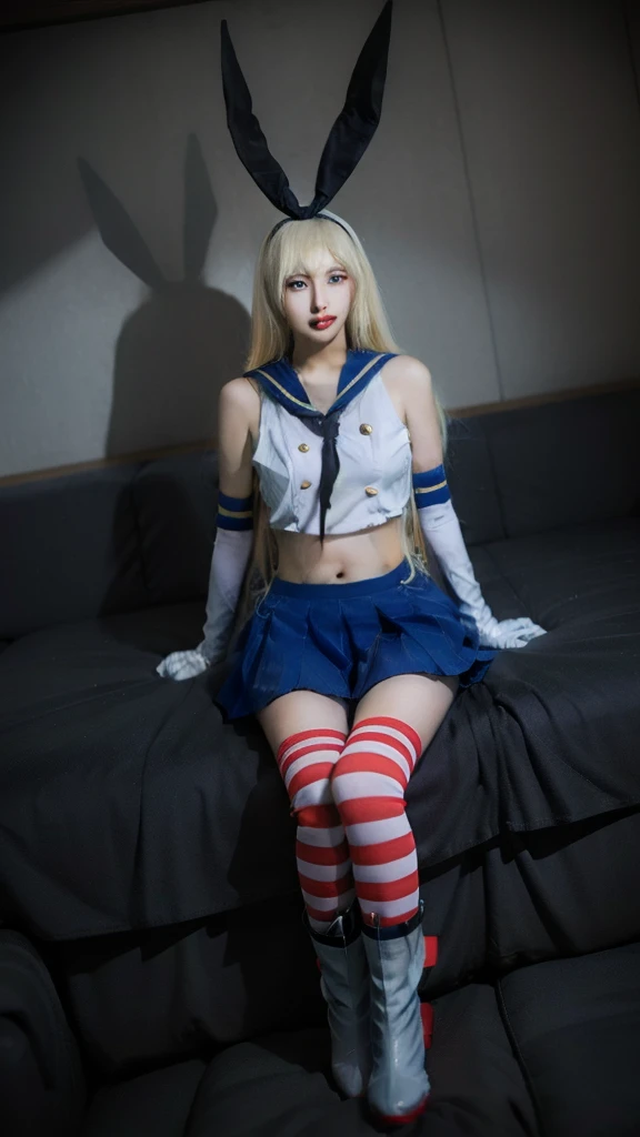 best quality, quality, masterpiece, (Realistic:1.4), One girl, shimakaze \\, (Kantai Collection\\), Elbow hand pockets, Striped knee socks, High leg panties, Blue pleated skirt, boots, Are standing, whole body, View your viewers, Detailed Background, Beach,warship, Dramatic lighting, shimakaze,shimakaze \\(kancolle\\),elbow gloves,striped thighhighs,blue pleated skirt,boots,Blonde,20-year-old, 8K, RAW Portrait (Japanese Girls), photo Realistic, Ultra-high resolution, 最高quality, Actual photo , dramatic, Atmospheric, Realistic,One girl, a very beautiful Japanese Girls, Glamorous shot of a girl, Textured skin, Mouth closed, lips,Big and beautiful eyes, Beautifully detailed nose, ,Seaside,Big Breasts, View your viewers,