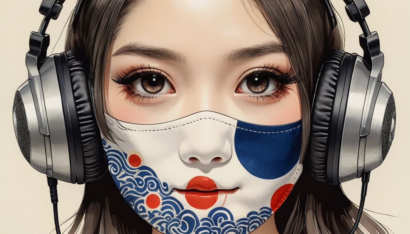 (((A mask with a Japanese pattern covering the entire mouth))), Highest quality, Katsushika Hokusai, Ink Painting, beautiful girl, Japanese style headphones, Delicate and precise, Modern ukiyo-e style, long hair, Japanese flag
