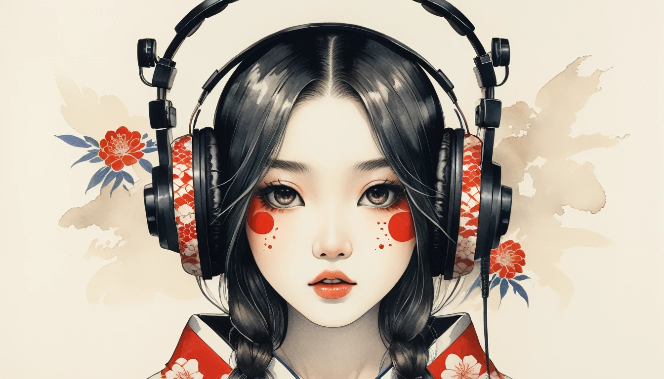 (((A mask with a Japanese pattern covering the entire mouth))), Highest quality, Katsushika Hokusai, Ink Painting, beautiful girl, Japanese style headphones, Delicate and precise, Modern ukiyo-e style, long hair, Japanese flag