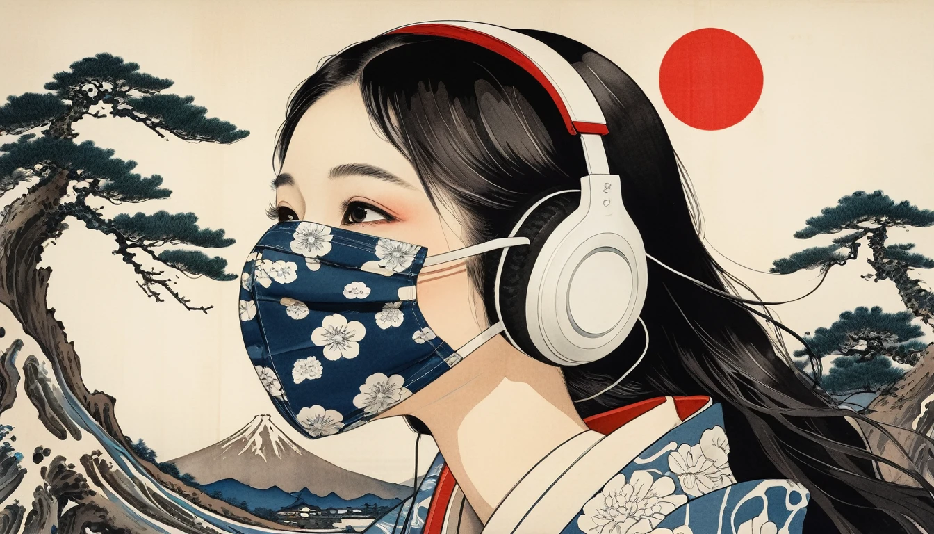 (((A mask with a Japanese pattern covering the entire mouth))), Highest quality, Katsushika Hokusai, Ink Painting, beautiful girl, Japanese style headphones, Delicate and precise, Modern ukiyo-e style, long hair, Japanese flag