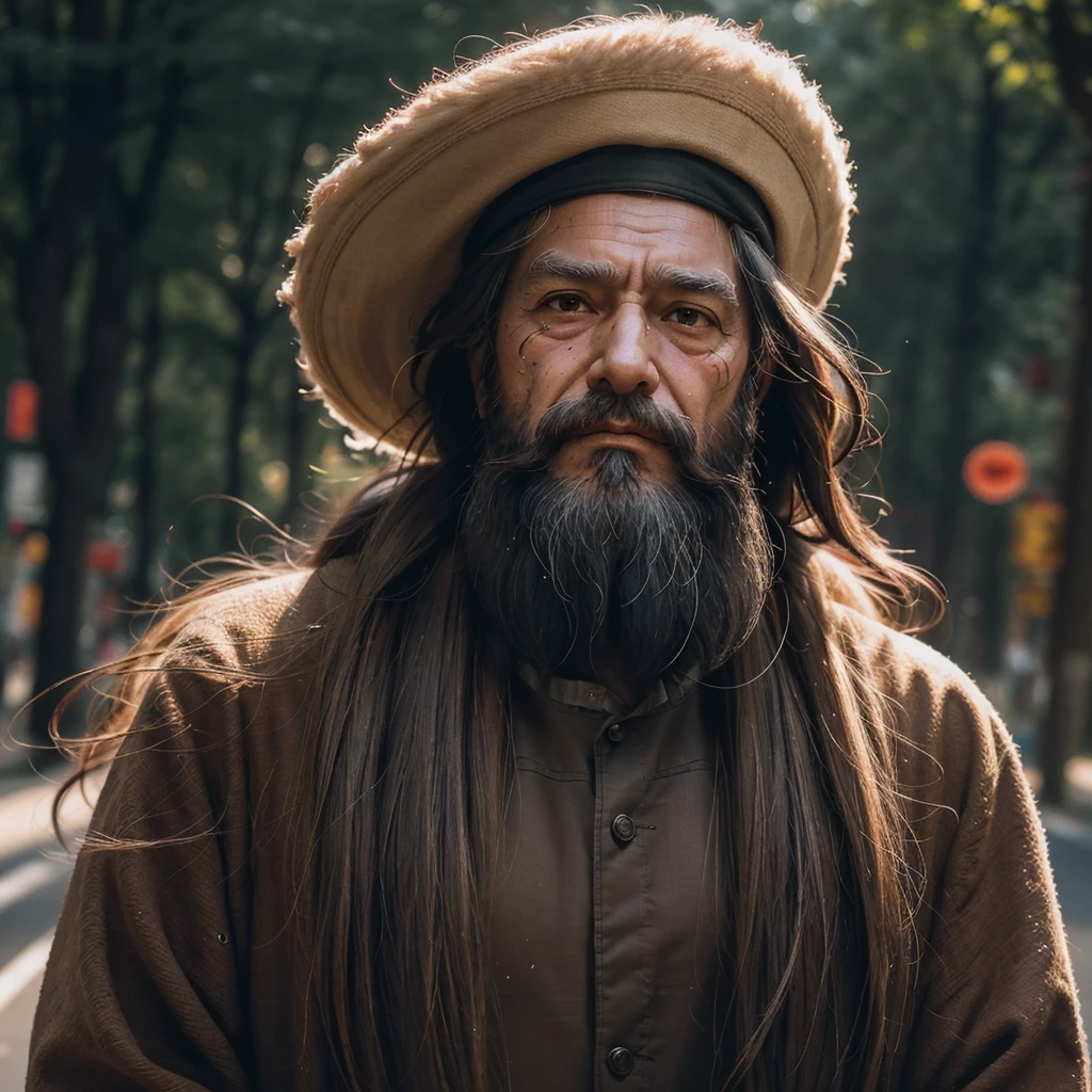 work of art, best qualityer, um conector Cherokee chamado sequoyah, shows an aura of intelligence, old man with serious face with long beard, realisitic, looks like real, cinematic, wounds on the body and face, walking on a road clear facial expression, the face must be clean