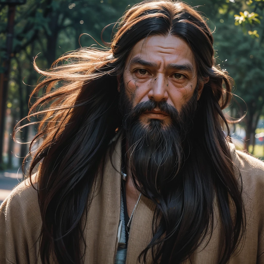 work of art, best qualityer, um conector Cherokee chamado sequoyah, shows an aura of intelligence, old man with serious face with long beard, realisitic, looks like real, cinematic, wounds on the body and face, walking on a road clear facial expression, the face must be clean