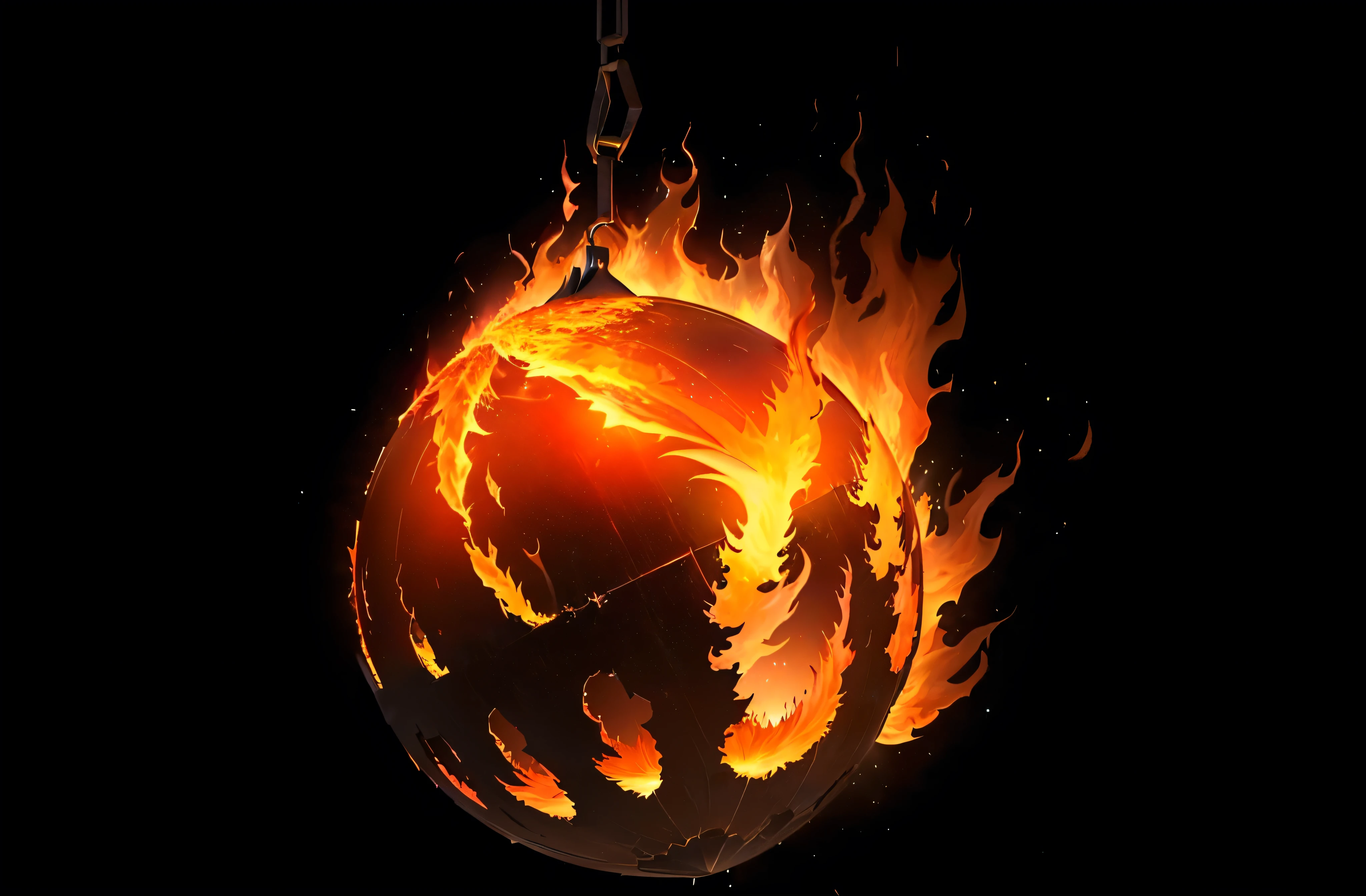 The ball of fire appears almost suspended in the darkness, its flames illuminating the blackness around it with a fiery glow